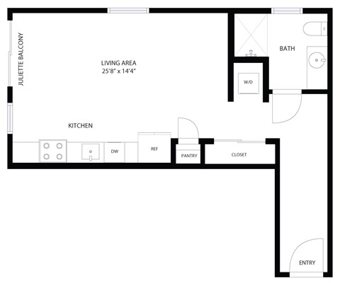 A black and white floor plan of a small apartment.